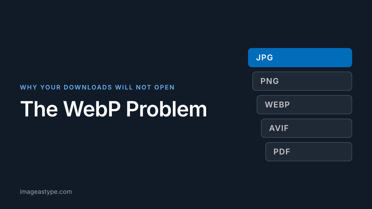 Title card reading "The WebP Problem: why your downloads will not open"